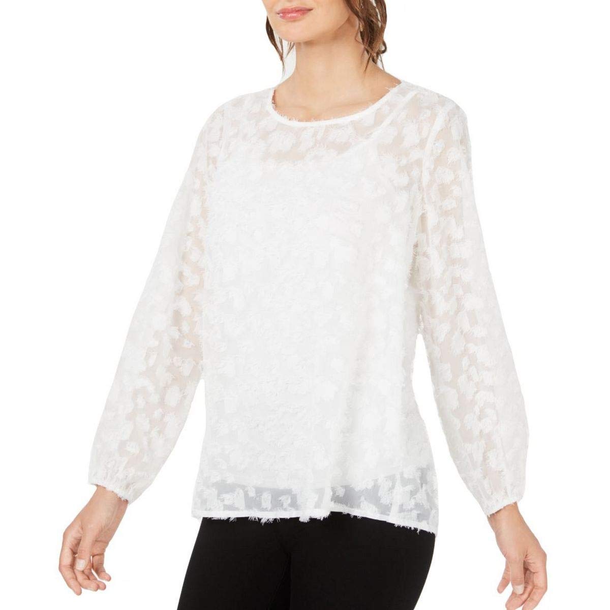 Alfani $63 Womens New White Textured Jewel Neck Long Sleeve Casual Top L B+B