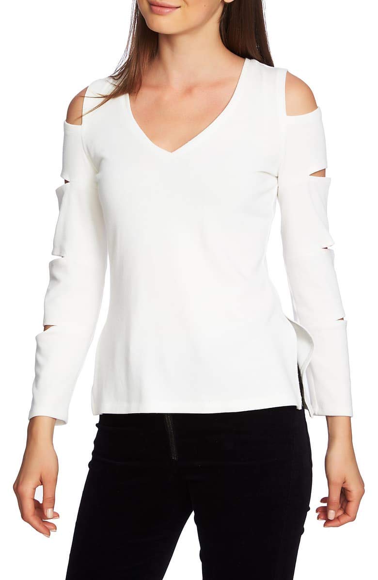 1.STATE Womens Slash Sleeve Cold Shoulder Blouse, White, X-Large