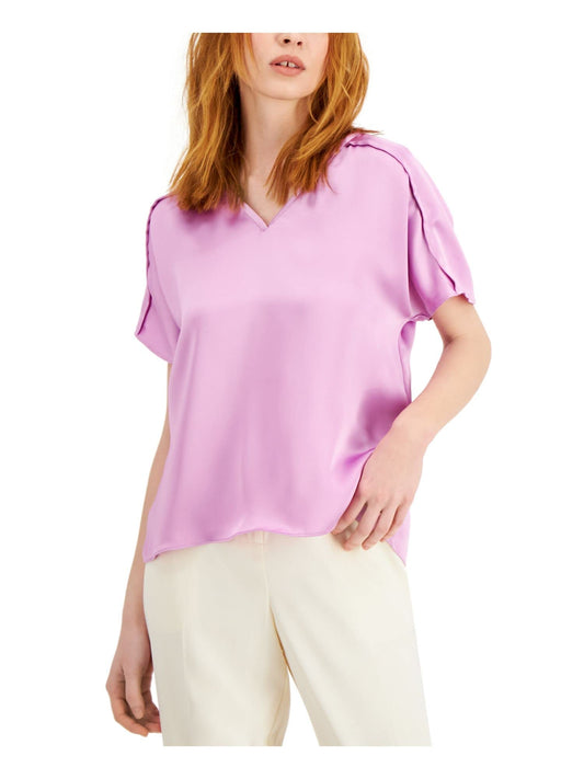 Alfani Women's Blouse Violet Medium Satin Seamed V-Neck Purple M