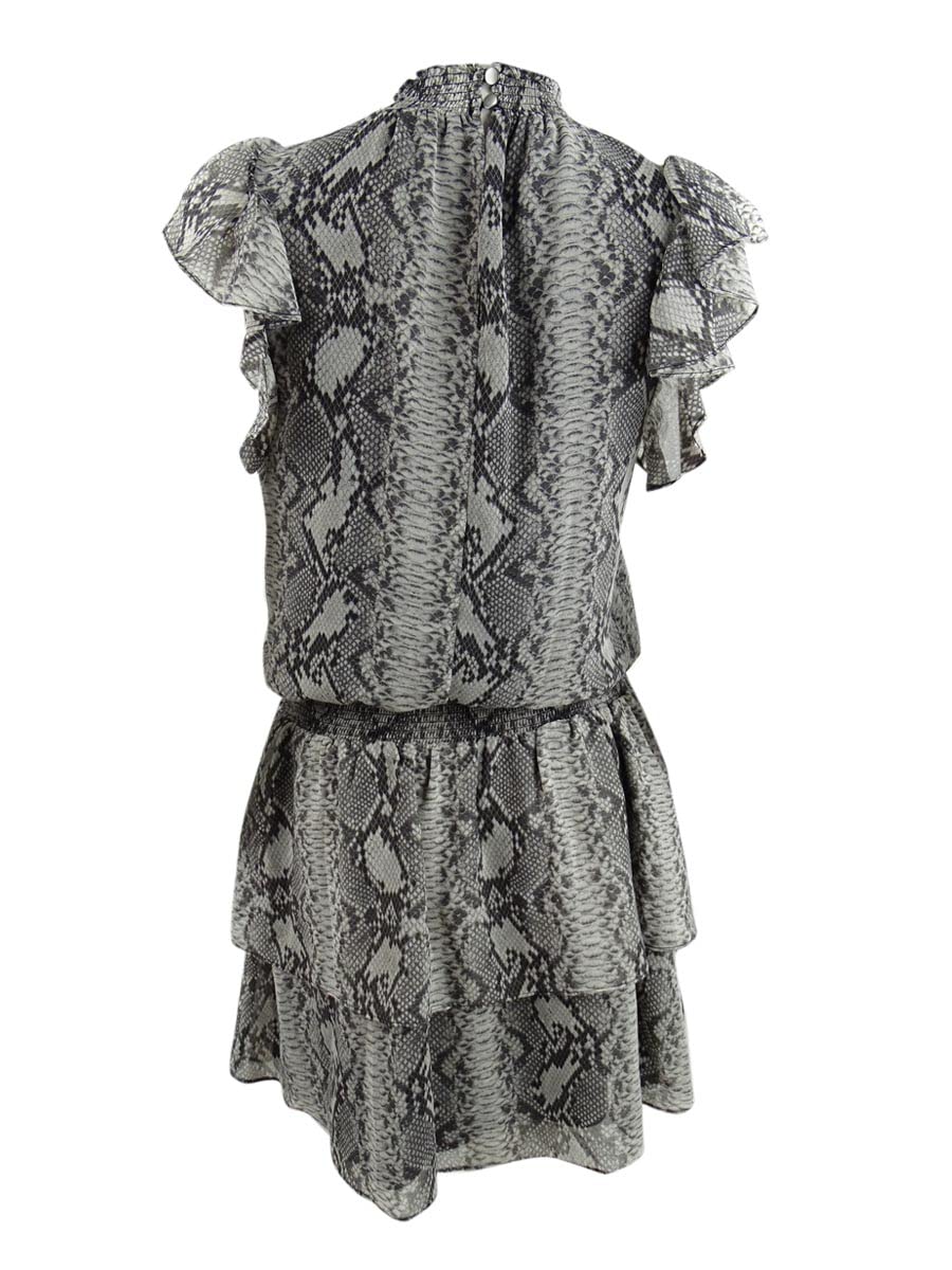 1.STATE Women's Snakeskin Print Tiered Chiffon Dress (XS, Rich Black Combo)