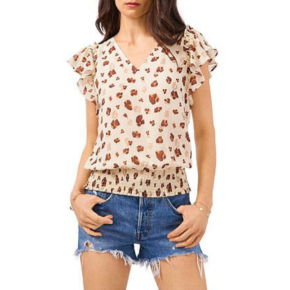 1.STATE Womens Animal Flutter Sleeve Top Tan XL