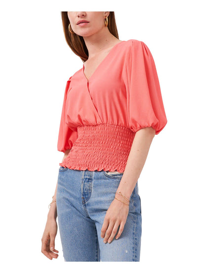 1.STATE Womens Smocked Faux Wrap Top Pink XS