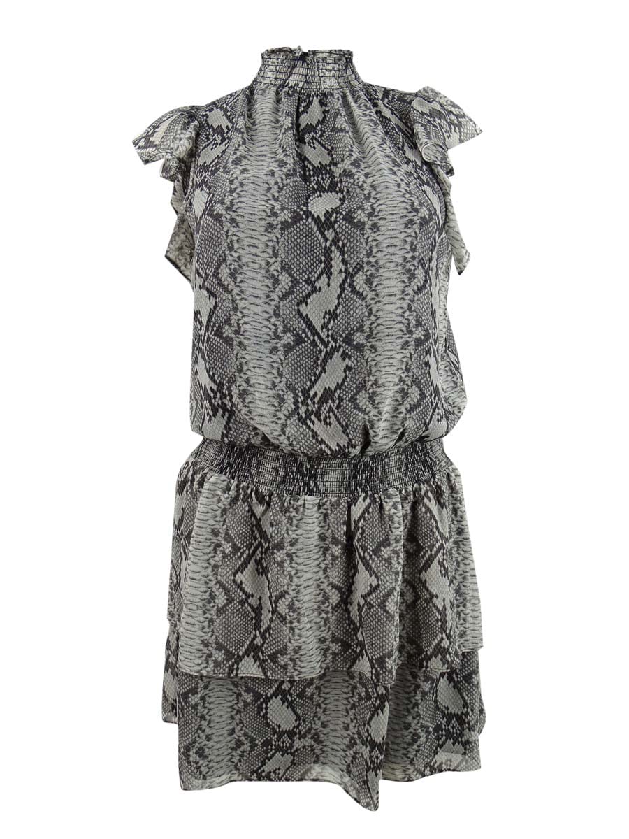 1.STATE Women's Snakeskin Print Tiered Chiffon Dress (XS, Rich Black Combo)