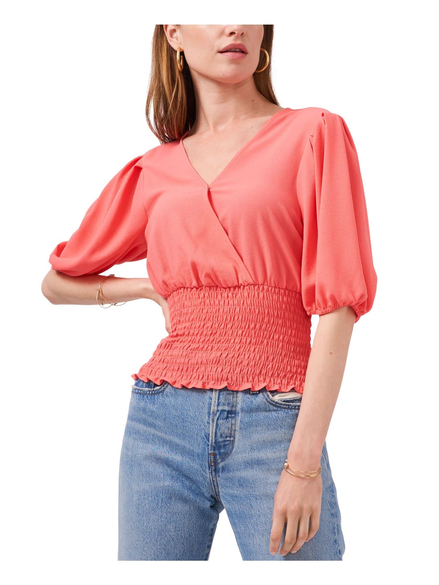 1.STATE Womens Smocked Faux Wrap Top Pink XS