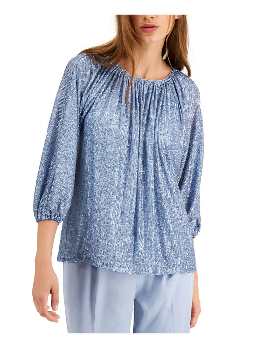 ALFANI Womens Blue Sequined 3/4 Sleeve Scoop Neck Peasant Top Size XS