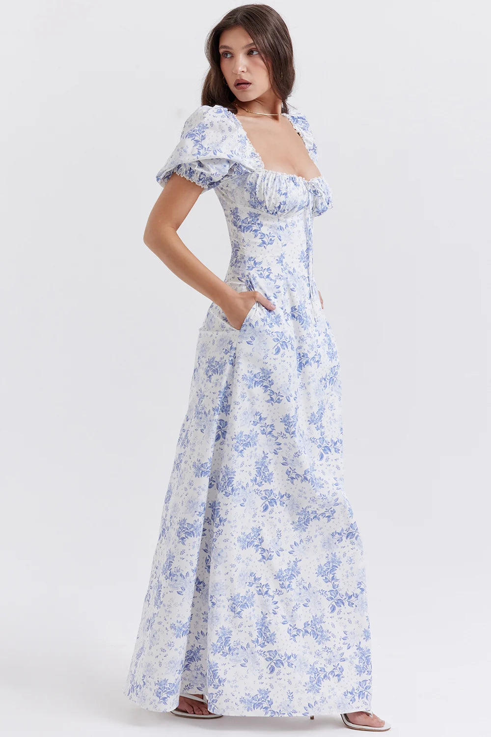 Blue Print Puff Sleeve Sundress