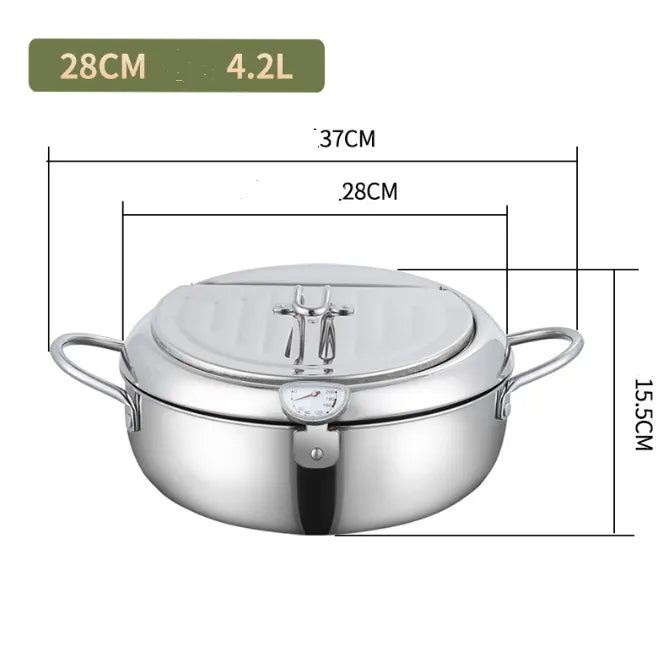 Stainless Steel Frying Pot with Thermometer and Oil Drip Drainer Rack