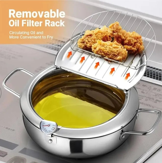 Stainless Steel Frying Pot with Thermometer and Oil Drip Drainer Rack