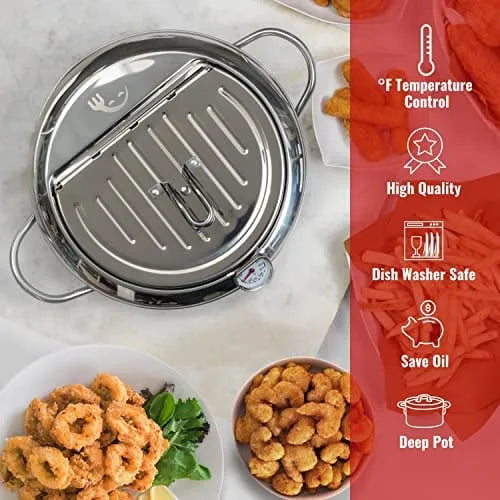 Stainless Steel Frying Pot with Thermometer and Oil Drip Drainer Rack