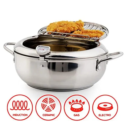 Stainless Steel Frying Pot with Thermometer and Oil Drip Drainer Rack