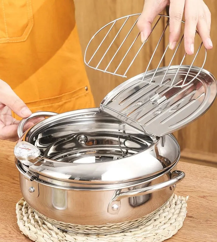 Stainless Steel Frying Pot with Thermometer and Oil Drip Drainer Rack