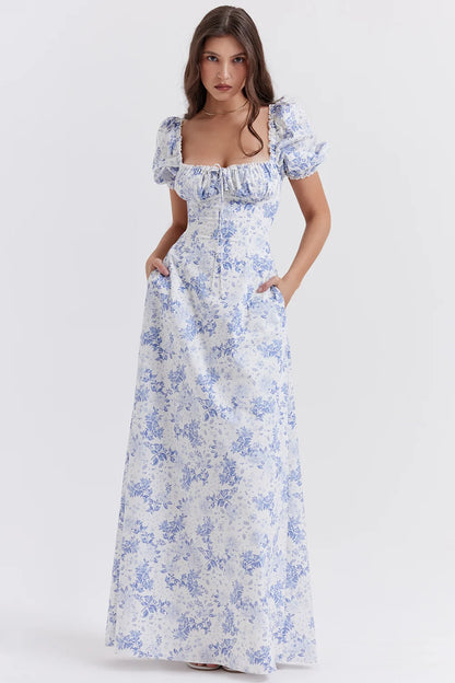 Blue Print Puff Sleeve Sundress